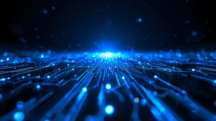Futuristic Blue Circuit Board Background with Glowing Light and Connection Points for Technology Concepts