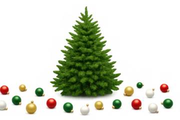 Christmas tree with festive ornaments scattered around, ready for holiday decoration on a transparent background