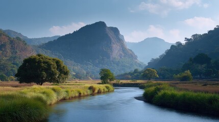 Fototapeta premium Serene Mountain River Landscape with Lush Greenery and Majestic Peaks under a Clear Blue Sky at Dawn or Dusk in National Park Setting Captured in High Resolution