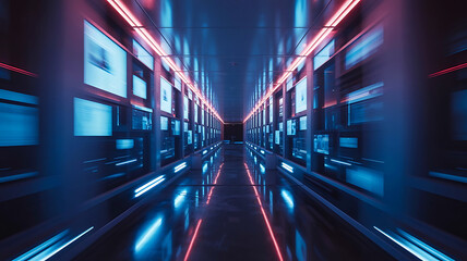 Futuristic corridor illuminated with neon lights and monitors showcasing modern technology and innovation