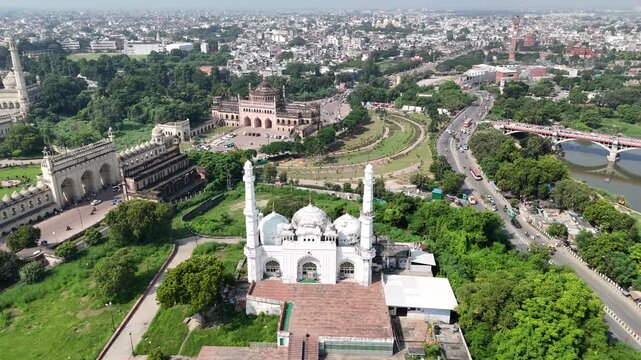 Aerial 4k shot of Teele Wali Masjid, Bara Imambara And Rumi Darwaza at Husainabad, Lucknow, Uttar Pradesh, India