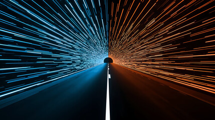 Futuristic road with neon glowing lights and high speed effect leading into tunnel