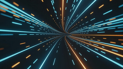 Futuristic Technology Data Stream Tunnel with Orange and Blue Light Trails on Black Background