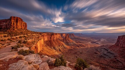 Dramatic clouds streak over a canyon at golden sunset