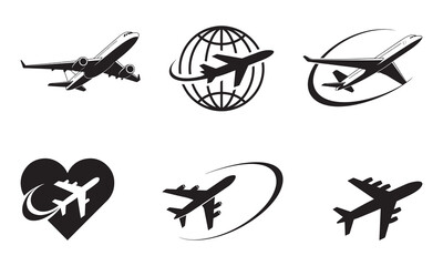 Collection of six stylized black airplane icons representing travel and aviation concepts with a distressed grunge texture for a vintage feel