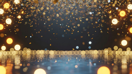 Golden confetti falling on a dark background with bokeh lights creating a festive ambiance perfect for celebration