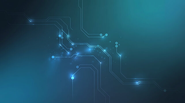 Futuristic technology background with circuit board design and glowing light effects on a dark blue gradient