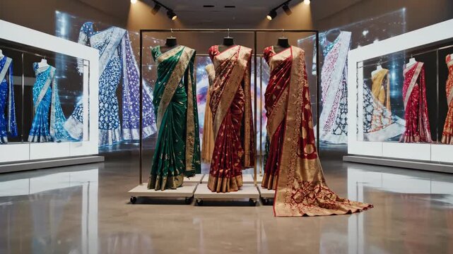 Digital Saree Collection Displayed in Fashion Boutique with Intricate Patterns and Fabrics, Cinematic Realism