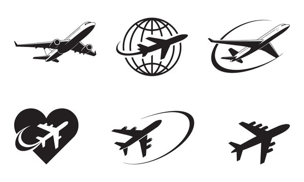 Collection of six stylized black airplane icons representing travel and aviation concepts with a distressed grunge texture for a vintage feel