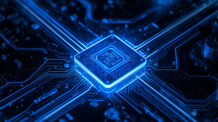 Illuminated Microchip on Circuit Board Represents Advanced Technology and Computing Power with Blue Tones