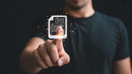 Man interacting with a digital document representing contract agreement and online signatures with futuristic glowing technology