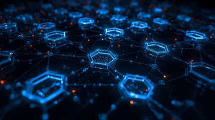 Intricate network of interconnected hexagons glowing in blue creating a technological web pattern
