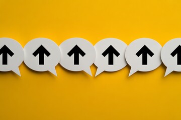 Row of white speech bubbles with black upward arrows on a bright yellow background direction growth