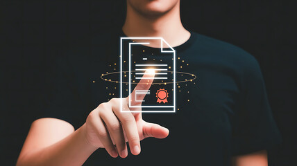 Man touching a digital document with certificate of achievement in virtual space for education and business technology