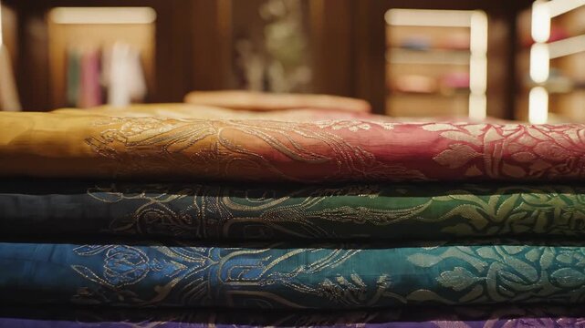 Elegant Stack of Digitally Printed Sarees with Intricate Patterns and Vibrant Colors Displayed in Boutique Lighting