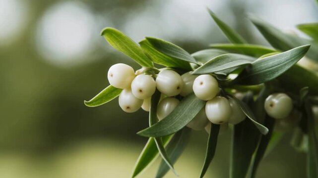 An extreme close-up of delicate mistletoe berries. A simple, soft, and naturally festive macro shot for holiday themes.
