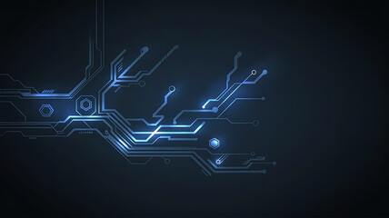 Modern Technology Circuit Board Design with Glowing Blue Lines and Hexagons on Dark Background