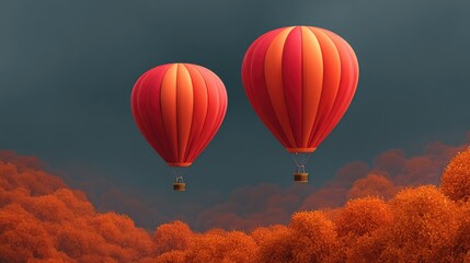 Fototapeta premium Serene Scene of Two Vibrant Red Hot Air Balloons Floating Over Lush Autumn Landscape with Fiery Orange Trees Under Dramatic Sky in Peaceful Adventure Escape