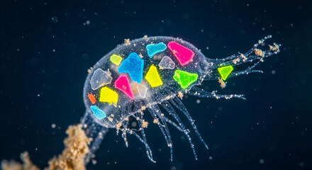 Transparent marine organism with colorful micro plastic fragments visible inside showing plastic micro pollution impact on plankton and ocean life
