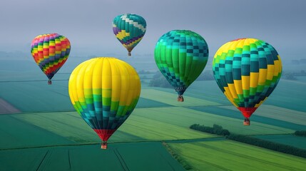 Fototapeta premium Colorful hot air balloons gracefully ascend over a stunning green agricultural landscape under a moody, cloudy sky, creating a picturesque and serene aerial view.