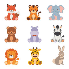 Obraz premium Adorable collection of nine cute cartoon baby wild animals sitting on a white background including a fox tiger elephant bear hippo zebra lion giraffe and rabbit