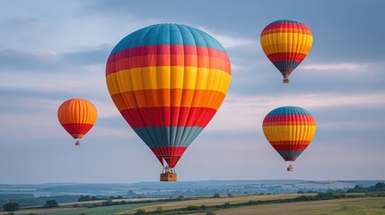 Naklejka premium Colorful Hot Air Balloons in a Clear Blue Sky Over a Scenic Landscape During Sunrise with Gentle Cloud Cover and Rolling Hills in the Background
