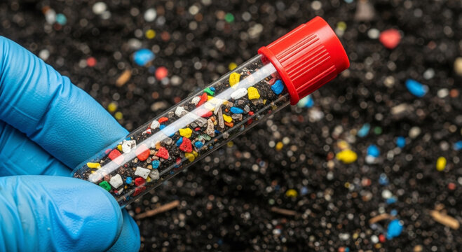 Gloved hand holds vial of micro plastic fragments above dark polluted sand highlighting plastic micro pollution and environmental contamination concern