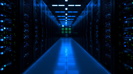 Server Room Data Center with Rows of Rack Servers and Blue Lighting