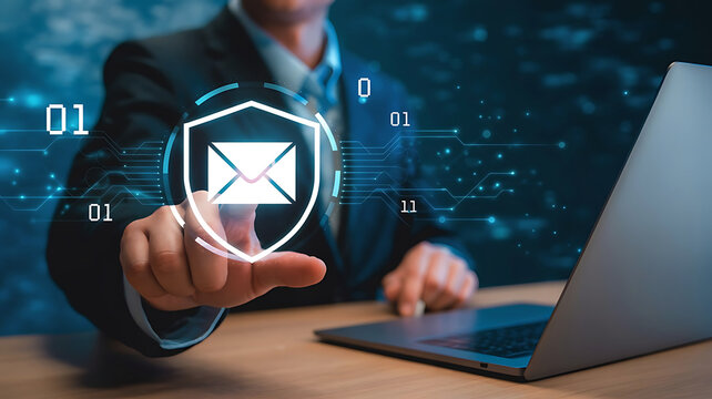 Secured email with protection shield and binary code on a laptop computer for business communication safety