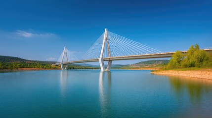 Obraz premium Scenic view of a modern cable-stayed bridge spanning a tranquil body of water under a clear blue sky with lush greenery along the riverbanks and vibrant landscape in the background.