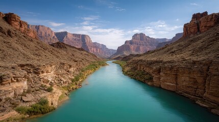 Serene View of the Grand Canyon River Surrounded by Majestic Mountains and Unique Rock Formations Under a Clear Blue Sky in Arizona