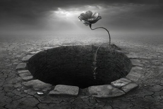 Single Rose In Hole Of Desolate Landscape - Powered by Adobe