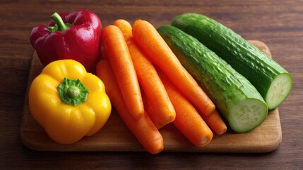 Fresh and Colorful Assortment of Raw Vegetables on a Wooden Cutting Board, Including Bell Peppers, Carrots, and Cucumbers for Healthy Cooking and Nutrition
