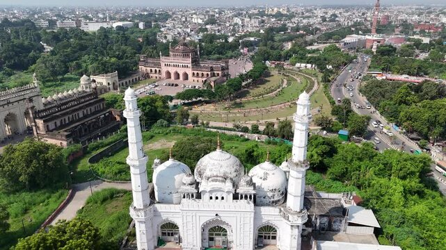 Aerial 4k shot of Teele Wali Masjid, Bara Imambara And Rumi Darwaza at Husainabad, Lucknow, Uttar Pradesh, India