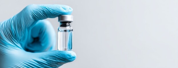 Medical professional holding vaccine vial in blue rubber glove on grey background, banner with copy space  