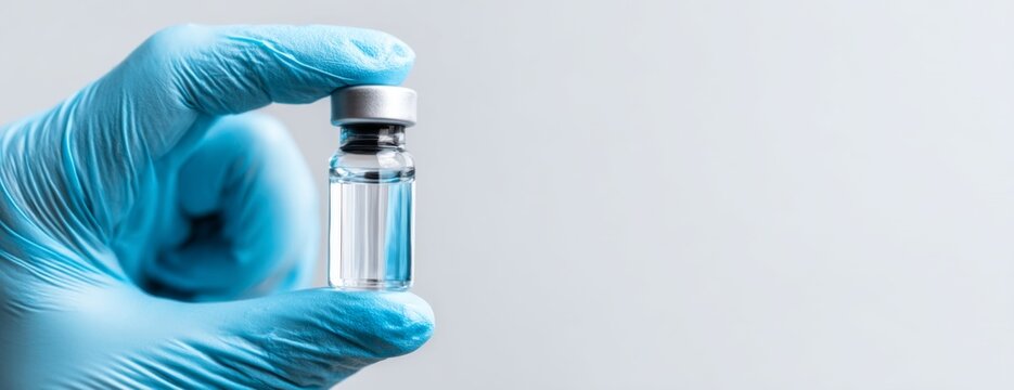 Medical professional holding vaccine vial in blue rubber glove on grey background, banner with copy space  
