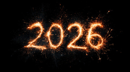 Glowing 2026 numbers created with golden sparkler trails isolated on white background. 