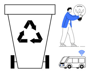 Recycling bin with arrows symbol, person holding glowing lightbulb symbolizing eco-ideas, wireless-enabled electric bus. Ideal for sustainability, innovation, green energy, recycling, eco-friendly