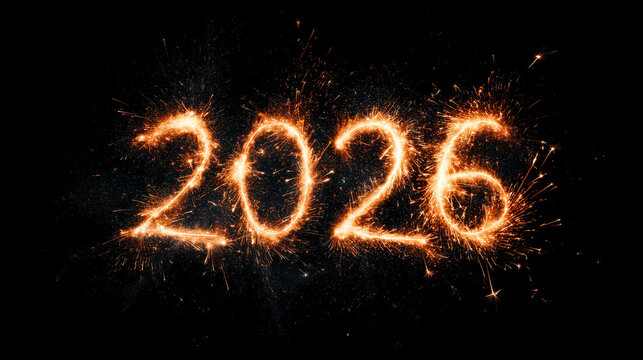 Glowing 2026 numbers created with golden sparkler trails isolated on white background. 