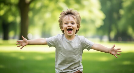 A joyful boy with outstretched arms running in a lush green park on a sunny day filled with happiness