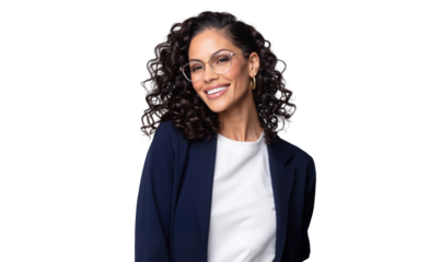 Happy young business woman with curly hair and glasses, wearing a navy blazer and white top, isolated on transparent background