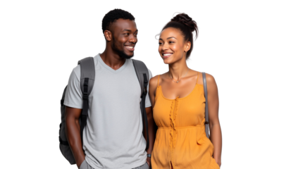 Happy African American couple, two college students smiling at each other, isolated on transparent background