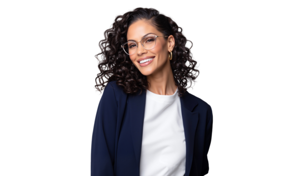 Happy young business woman with curly hair and glasses, wearing a navy blazer and white top, isolated on transparent background