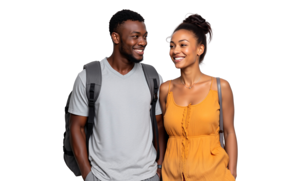 Happy African American couple, two college students smiling at each other, isolated on transparent background