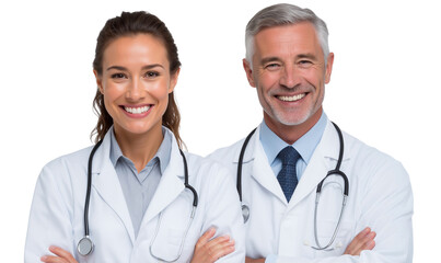 Two smiling doctors in white lab coats with stethoscopes, looking at the camera with arms crossed, isolated on transparent background