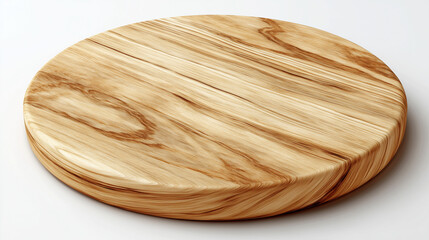 Round wooden board with natural wood texture and polished surface on white background. 
