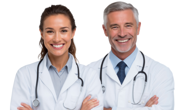Two smiling doctors in white lab coats with stethoscopes, looking at the camera with arms crossed, isolated on transparent background