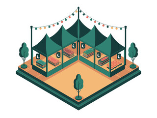 Open air pavilion, canopy tents with string lights, landscaped platform with trees, evening celebration venue, decorative vector artwork © BlackVault Designs