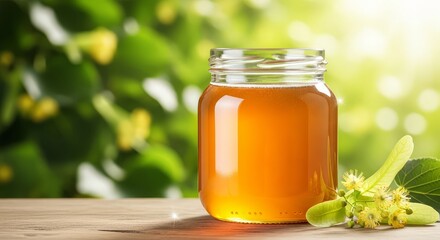 A jar of honey with linden flowers on a wooden surface against a blurred green background outdoors