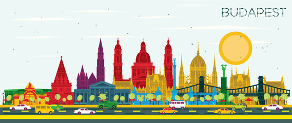Budapest Hungary City Skyline with color Buildings and Blue Sky. Illustration. Business Travel and Tourism Concept with Historic Architecture. Budapest Cityscape with Landmarks.